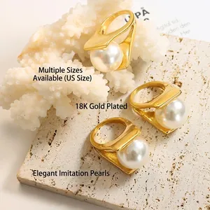 French style 18K gold plated wide band ring set with large faux pearls for women