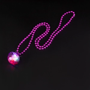 Luminous disco ball pendant necklace with pink beads glowing in red purple green light