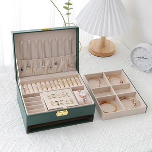 Premium dark green leather jewelry box with two-layer storage and secure metal lock