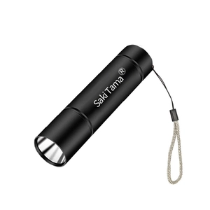 Portable SakiTama mini LED flashlight in black metal with convenient wrist strap