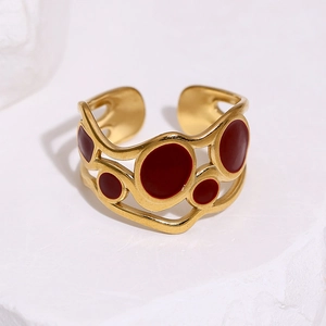 Vintage 18k gold plated stainless steel open ring with deep red enamel drip oil design