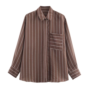 Women Stripe Shirt Polyester Long Sleeve Vertical Striped Button Down Blouse With Pocket Casual Chic Spring Tops