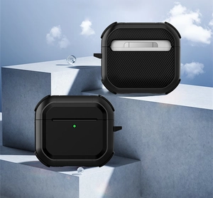 Coque armure noire robuste pour AirPods Pro avec texture antidérapante et mousqueton