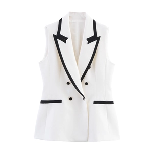 Women's white sleeveless suit vest with black contrast trim and double-breasted buttons