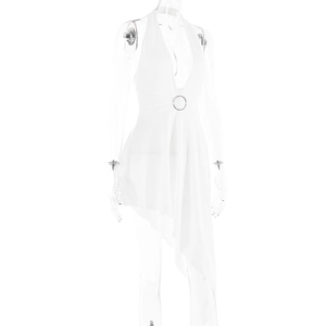 Detail of white halter neck dress featuring deep V-neckline and metal ring waist detail