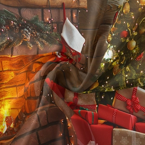 Detail of Christmas tapestry fabric showing festive fireplace and tree pattern