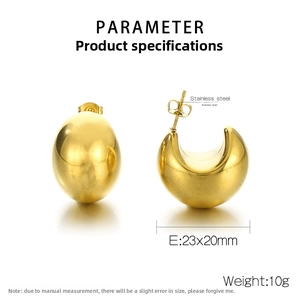 Detailed specs of teardrop hollow earrings in gold stainless steel with 23x20mm dimensions