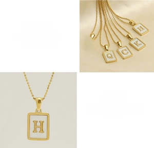 Detail of 18K gold stainless steel square pendants with shell inlay and capital letters