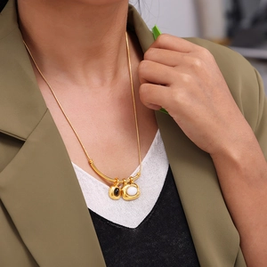 French vintage 18k gold plated stainless steel necklace with black and white square pendants