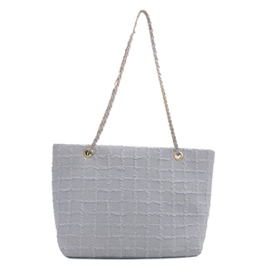 Chic light gray woven tote bag with gold chain and leather braided shoulder strap