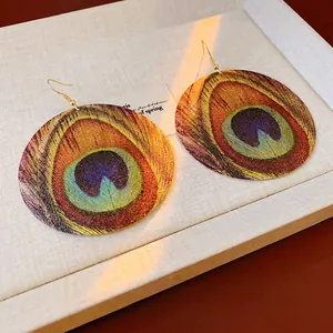 Bohemian round peacock feather pattern drop earrings with elegant gold-tone hooks