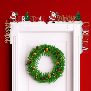 Merry Christmas wooden door frame corner decorations featuring Santa and tree icons