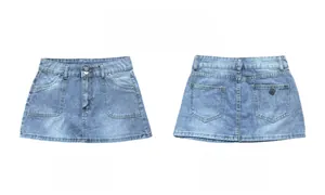 Detailed front and back view of light blue denim mini skirt with double button closure