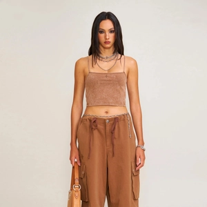 Faded brown cropped tank top and cargo pants set with metallic chain accessories