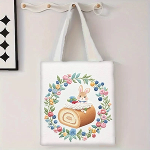 Gros plan d'un sac cabas en toile blanche avec illustration de lapin et couronne fleurie