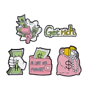 5-teiliges Emaille-Anstecknadel-Set zum Thema Geld mit Cash-Gun und Get Rich Designs