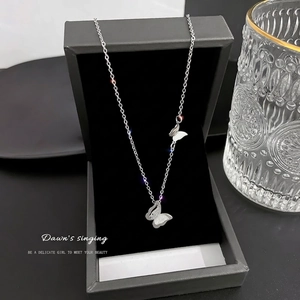 Minimalist double-layered butterfly pendant necklace in titanium steel on jewelry box