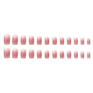 Pink gradient short square press-on nails with heart glitter and 24-piece full set