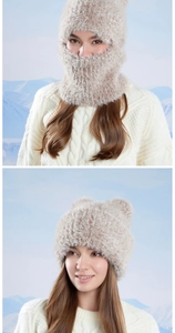 Detail of winter thermal knit balaclava with cat ears and integrated fleece neck warmer