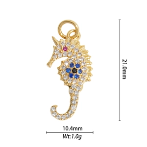 Seahorse pendant dimensions detail with gold plating and multicolor cubic zirconia inlay