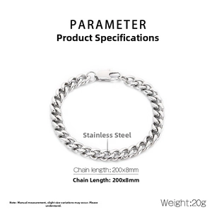 Détail du bracelet gourmette en acier inoxydable 200mm x 8mm avec fermoir mousqueton et mesures