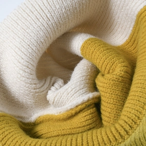 Chic two-tone chunky knit beanie for women in beige and mustard yellow colors