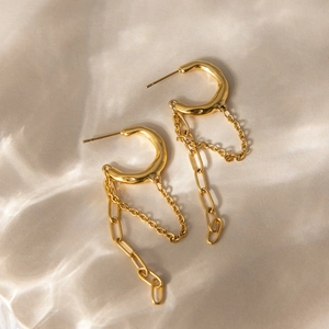 18K gold plated stainless steel C-shaped earrings with tassel chain and paperclip drops