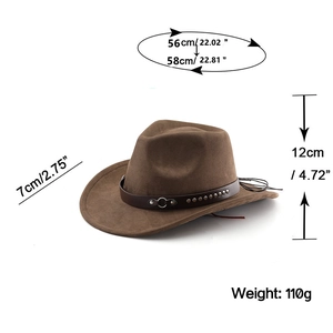 Detail view of brown suede cowboy hat with size specs, 7cm brim, and studded leather band