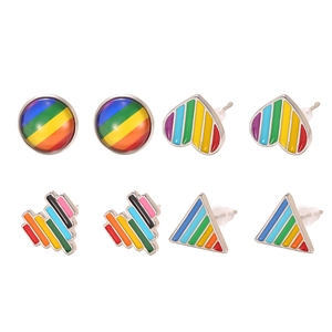 Rainbow striped geometric heart and circle stud earrings with colorful stone finish