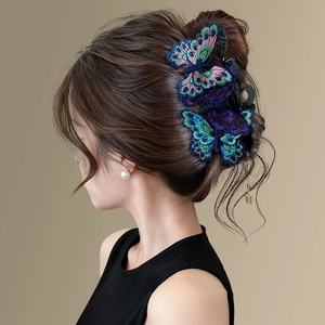 Eleganter Haarklammer mit chinesischer Schmetterlingsstickerei und bunten floralen Details