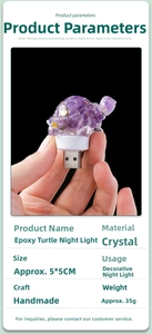 Macro detail of purple crystal resin turtle night light with USB interface and dimensions