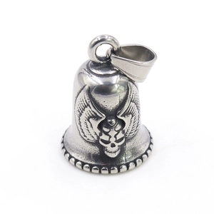 Gothic stainless steel motorcycle guardian bell pendant with skull and wings motif