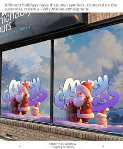 Close-up of Santa Claus window stickers with festive Merry Christmas elements on glass