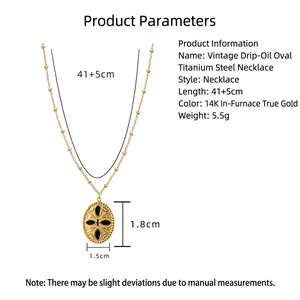 14K gold plated stainless steel layered necklace with black oval oil drip pendant