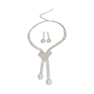 Elegant silver-toned heart jewelry set with sparkling rhinestones and tassel necklace