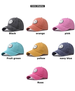 Detailed color selection showing 7 styles of washed vintage smiley face baseball caps