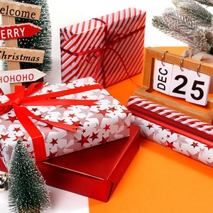 Christmas Gift Wrapping Paper Rolls Metallic Red Star Stripe Patterns For Holiday Birthday Party Presents