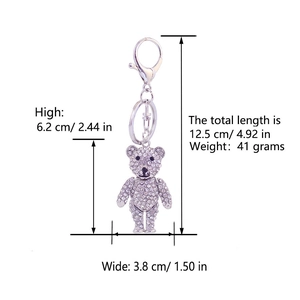 Silver crystal bear keychain dimensions guide showing 6.2cm height and 3.8cm width details