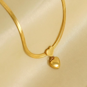 18K Gold Plated Stainless Steel Double Heart Pendant Necklace Herringbone Snake Chain Retro Elegant Style For Women