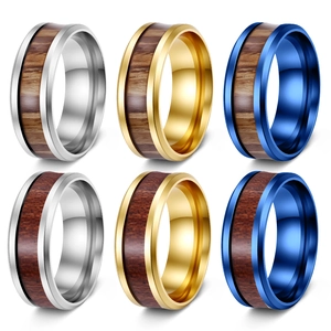 Bagues en acier titane avec incrustation de teck en cadres argent, or et bleu