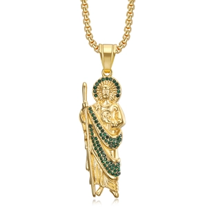 Hip hop St. Jude pendant necklace in gold plated titanium steel with green crystals