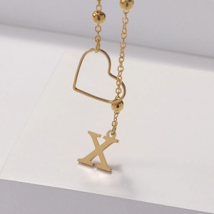 Fashionable golden stainless steel hollow heart and letter X pendant ball chain necklace