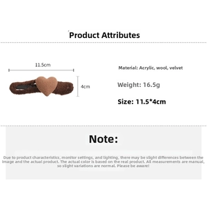 Detailed attribute chart for brown acrylic heart hair clip with wool and flocking texture