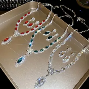 Luxury waterdrop floral jewelry set with necklace and earrings in red green and white