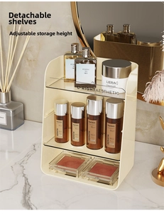 Three-tier adjustable skincare organizer with removable clear shelves for bathroom vanities