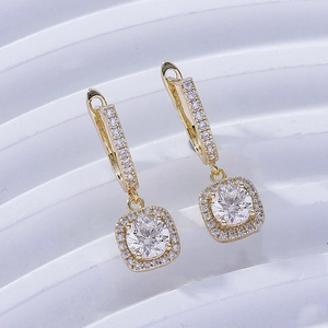 Elegant gold square halo drop earrings with round clear stones on a white background