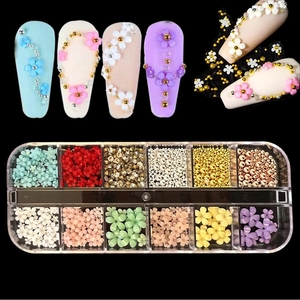 Colorful 3D flower and metal bead nail art charm set in a 12-grid storage box