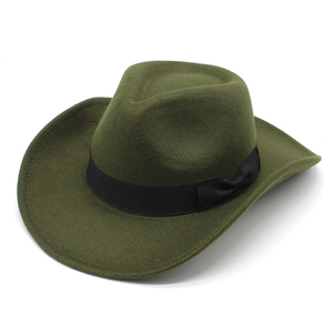 Detail of olive green wool fedora showing wide brim stitching and black ribbon bow
