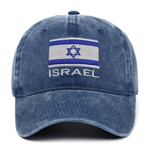 Navy blue washed denim baseball cap with Israel flag and embroidered ISRAEL text design