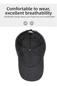 Close-up of black breathable mesh baseball cap with quick-dry fabric and adjustable strap